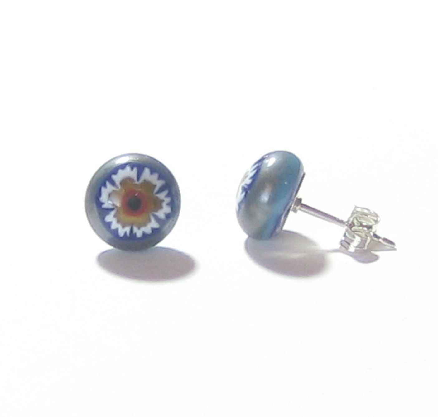 Murano Millefiori Blue Brown Flower Sterling Post Stud Earrings - JKC Murano