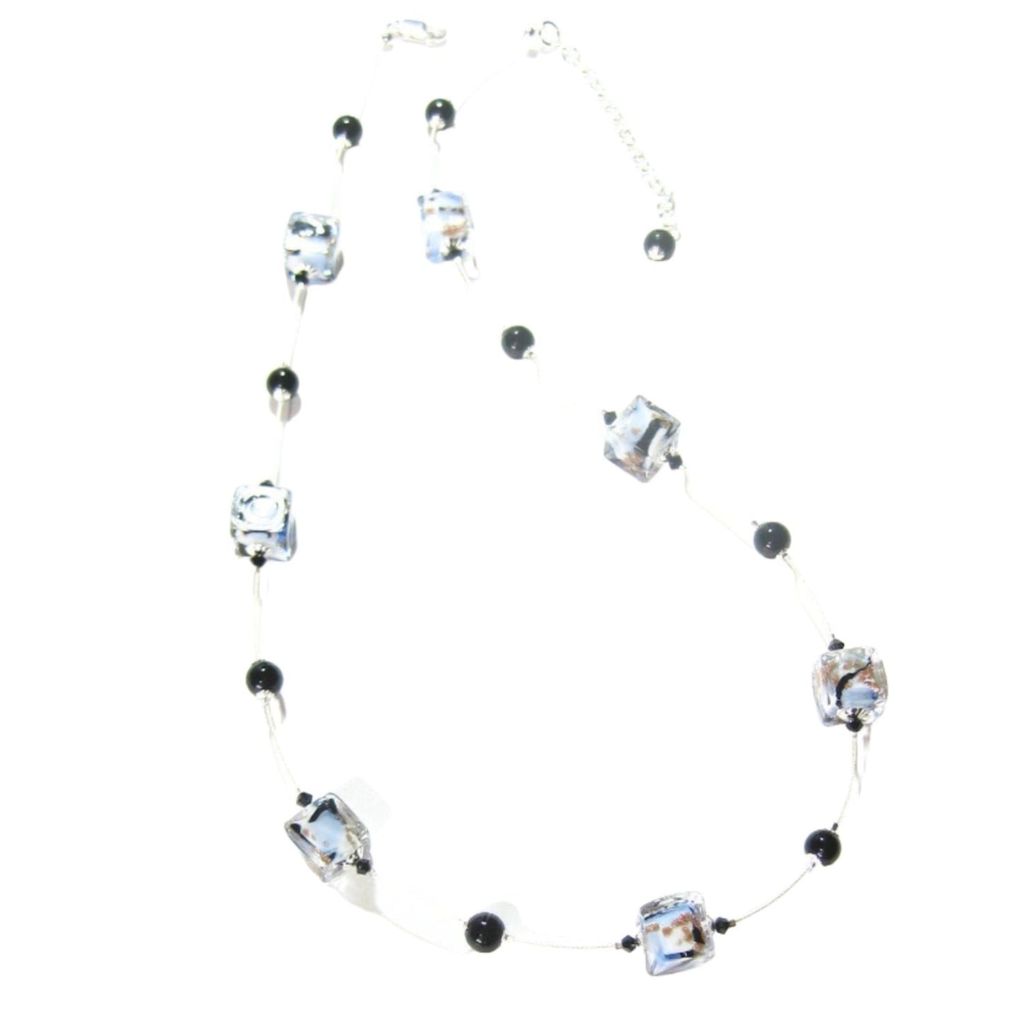 Murano Glass Blue Black White Swirl Cube Silver Necklace - JKC Murano