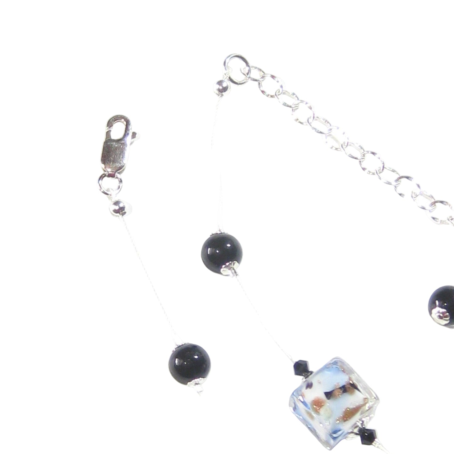 Murano Glass Blue Black White Swirl Cube Silver Necklace - JKC Murano