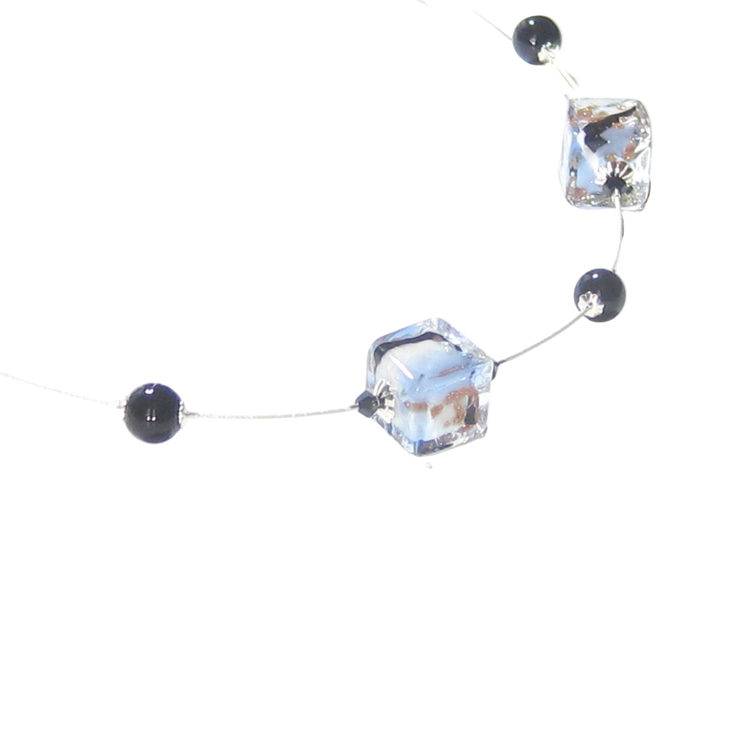 Murano Glass Blue Black White Swirl Cube Silver Necklace - JKC Murano