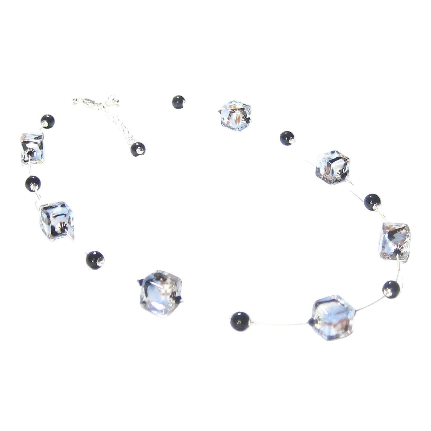 Murano Glass Blue Black White Swirl Cube Silver Necklace - JKC Murano