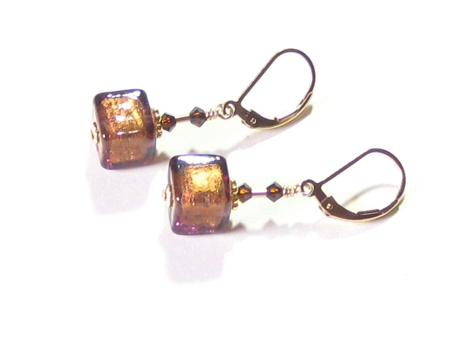 Murano Glass Brown Cube Gold Earrings, Fishhook Earrings - JKC Murano