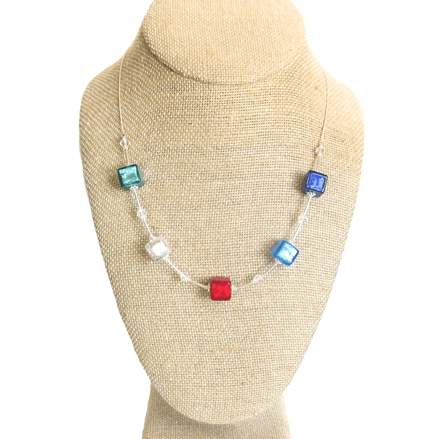 Murano Glass Multi Colored Cube Silver Necklace, Illusion Necklace - JKC Murano