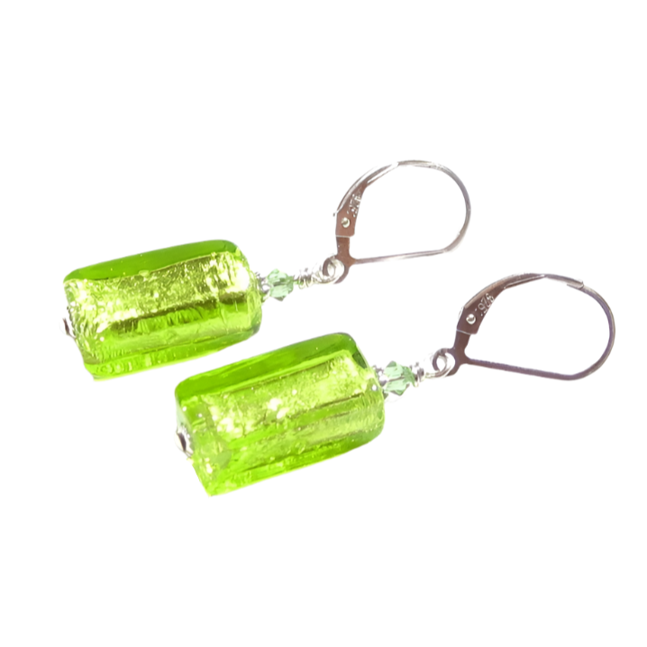 Murano Glass Lime Green Rectangle Silver Earrings - JKC Murano