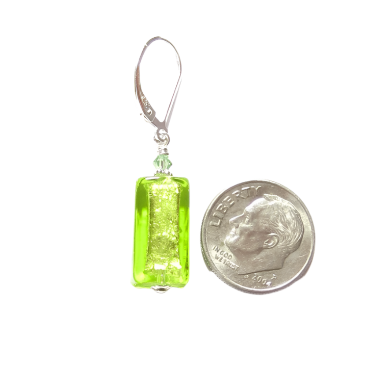 Murano Glass Lime Green Rectangle Silver Earrings - JKC Murano