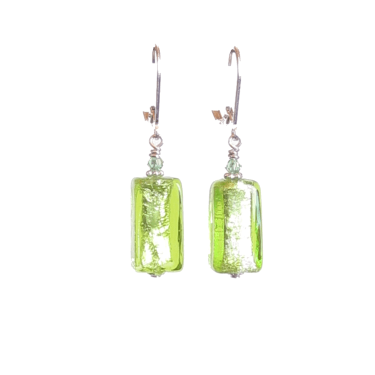 Murano Glass Lime Green Rectangle Silver Earrings - JKC Murano