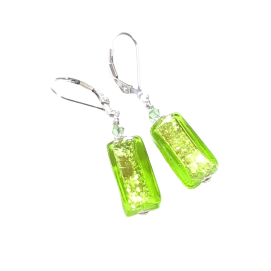Murano Glass Lime Green Rectangle Silver Earrings - JKC Murano