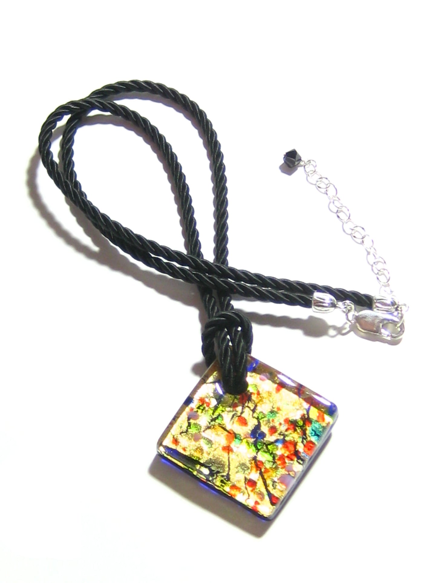 Murano Klimt Inspired Fused Glass Colorful Diamond Pendant, Marked Murano - JKC Murano
