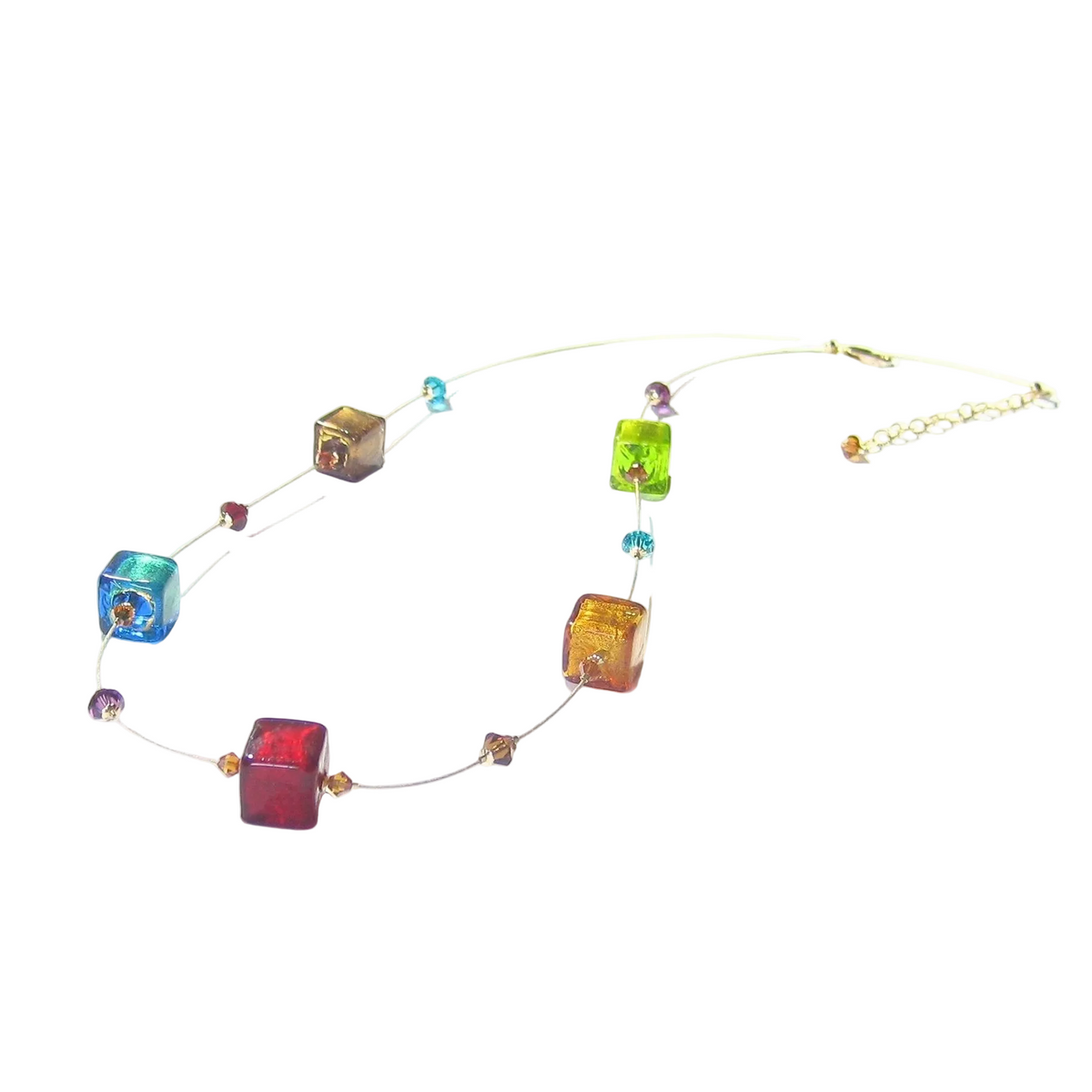 Murano Glass Colorful Large Cube Gold Necklace - JKC Murano