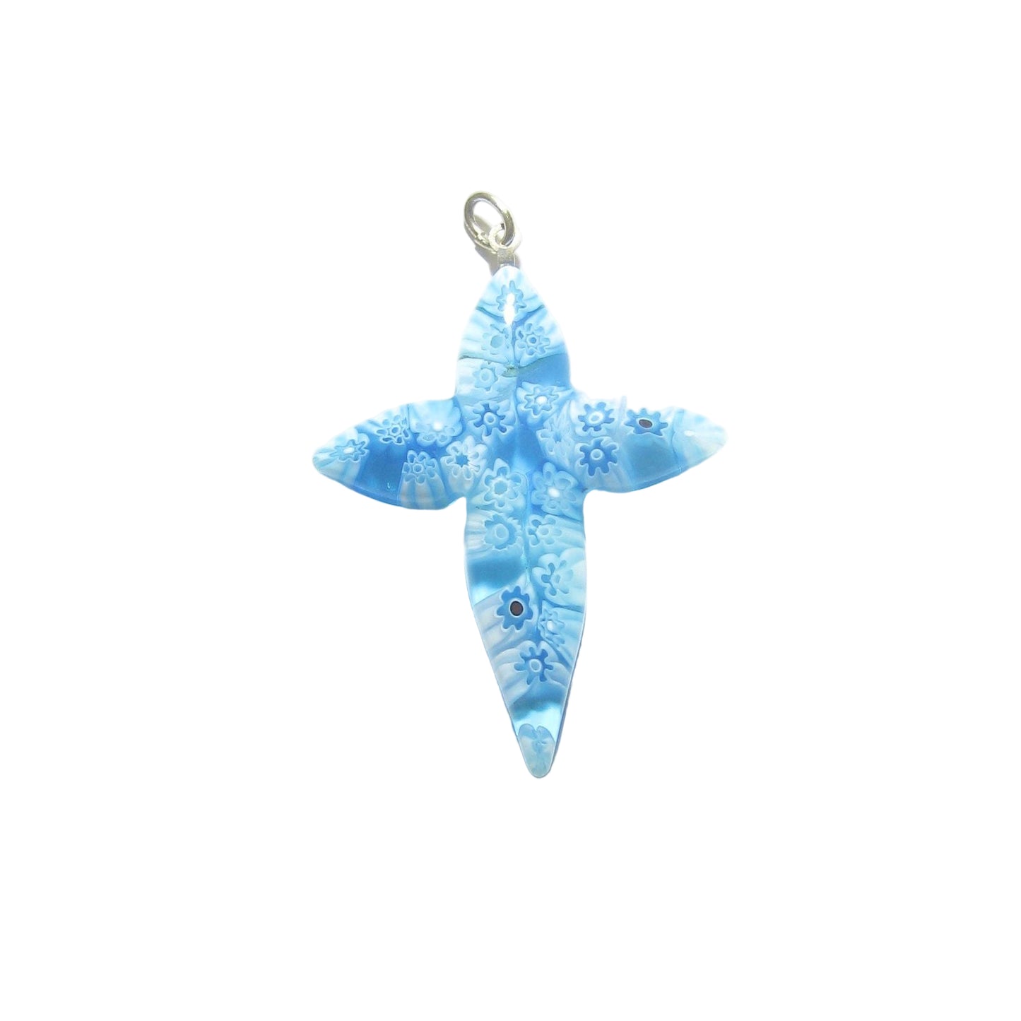 Murano Glass Millefiori Aqua Cross Pendant, Sterling Silver Chain - JKC Murano