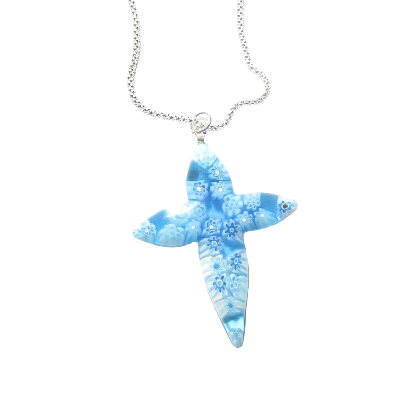 Murano Glass Millefiori Aqua Cross Pendant, Sterling Silver Chain - JKC Murano