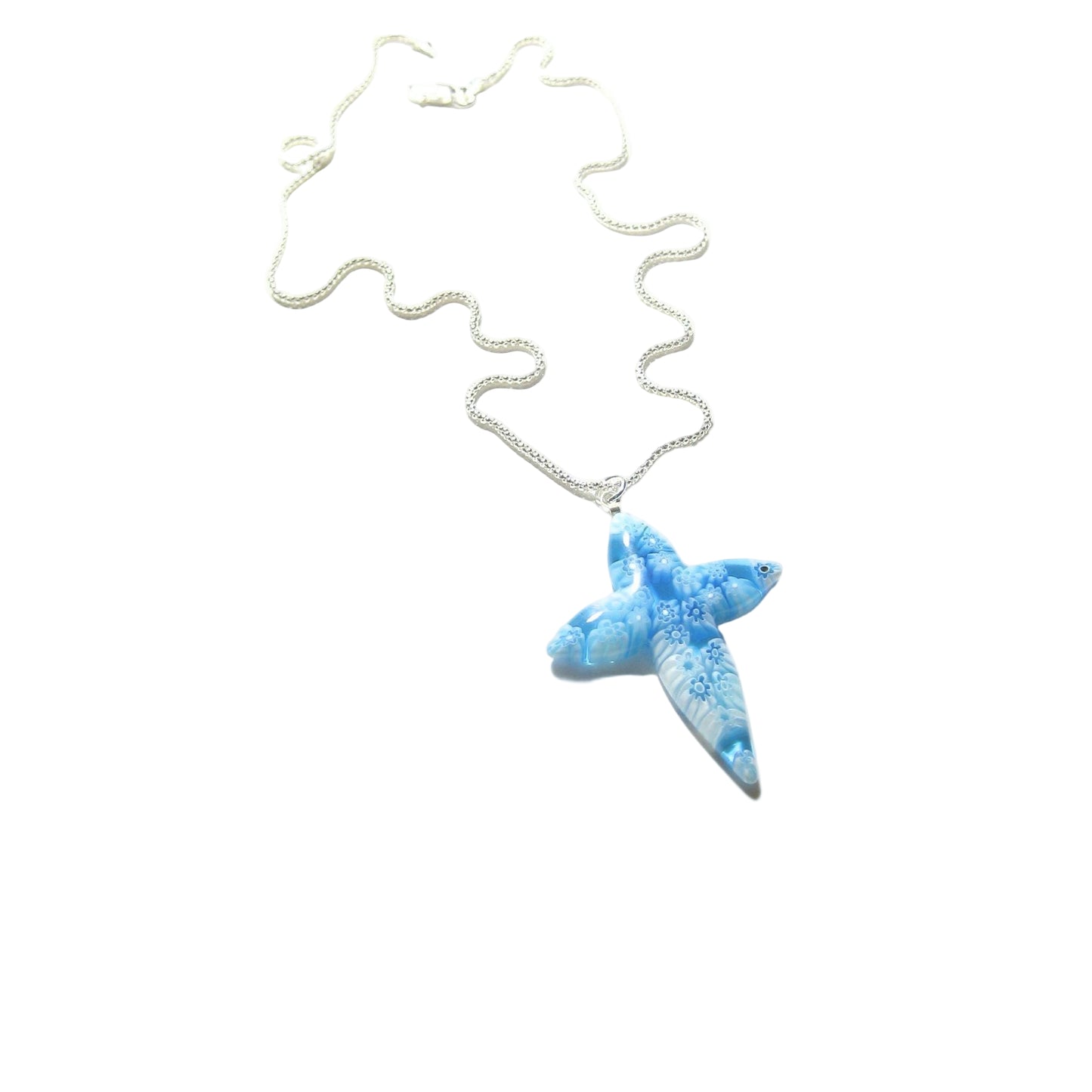 Murano Glass Millefiori Aqua Cross Pendant, Sterling Silver Chain - JKC Murano