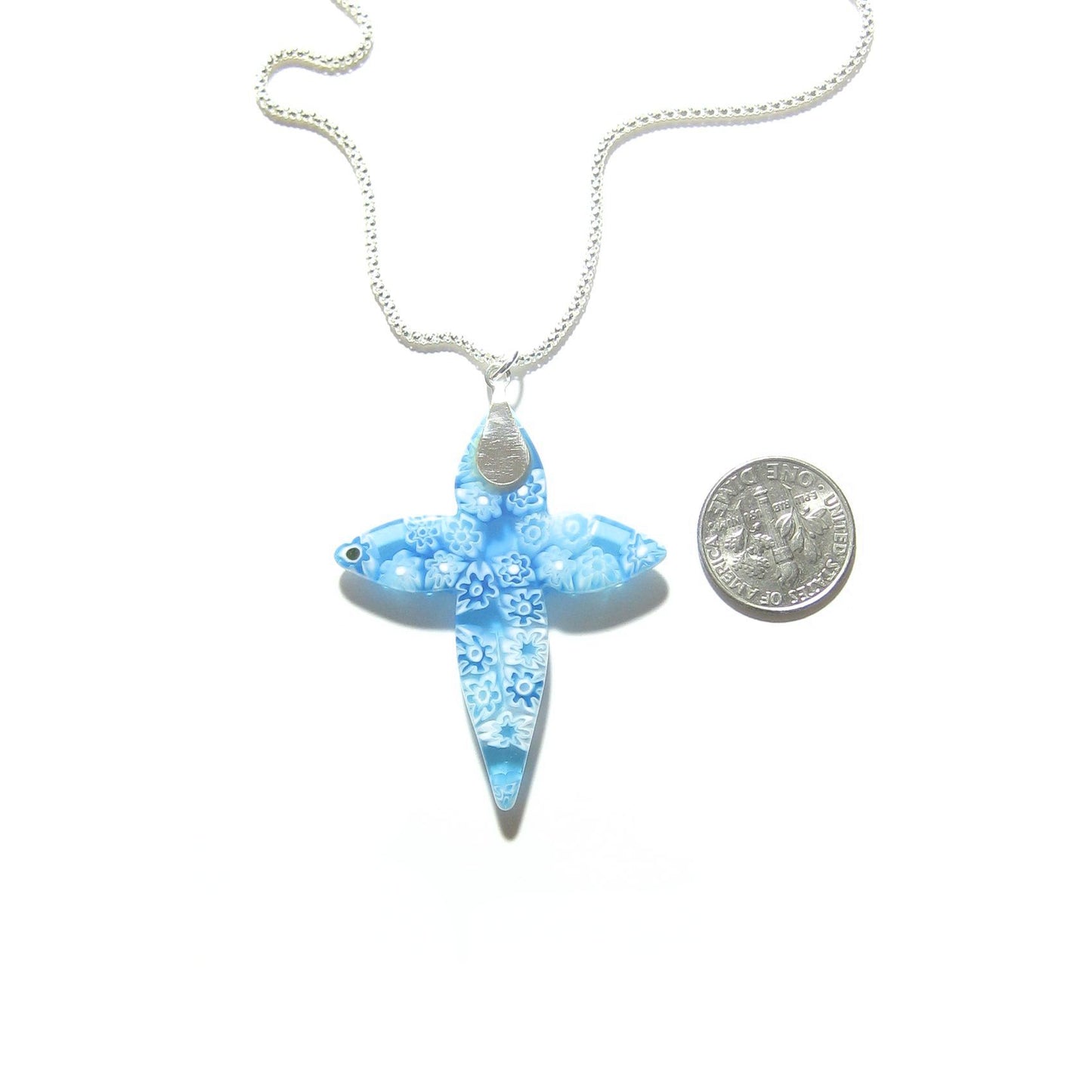 Murano Glass Millefiori Aqua Cross Pendant, Sterling Silver Chain - JKC Murano