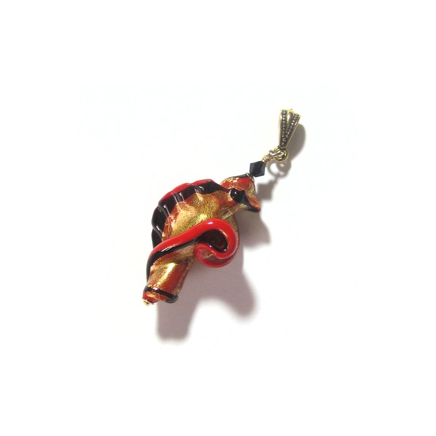 Large Murano Glass Black Red Twist Gold Pendant - JKC Murano