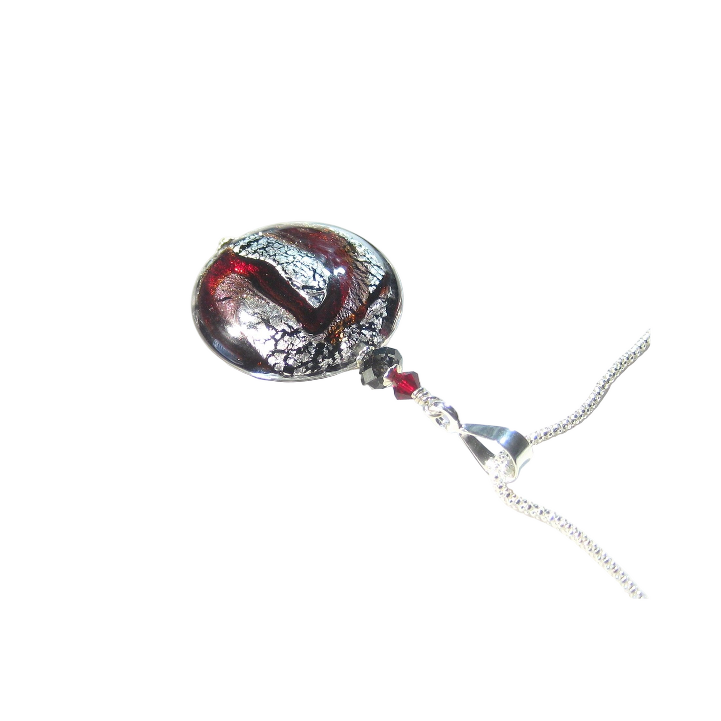 Murano Glass Red Silver Disc Pendant, Sterling Silver Italian Made Chain - JKC Murano