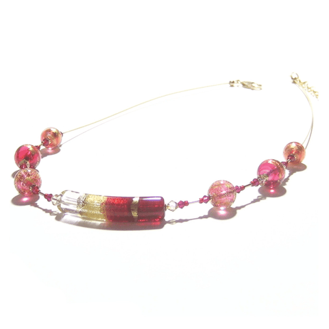 Murano Glass Pink Tube Gold Necklace by JKC Murano - JKC Murano