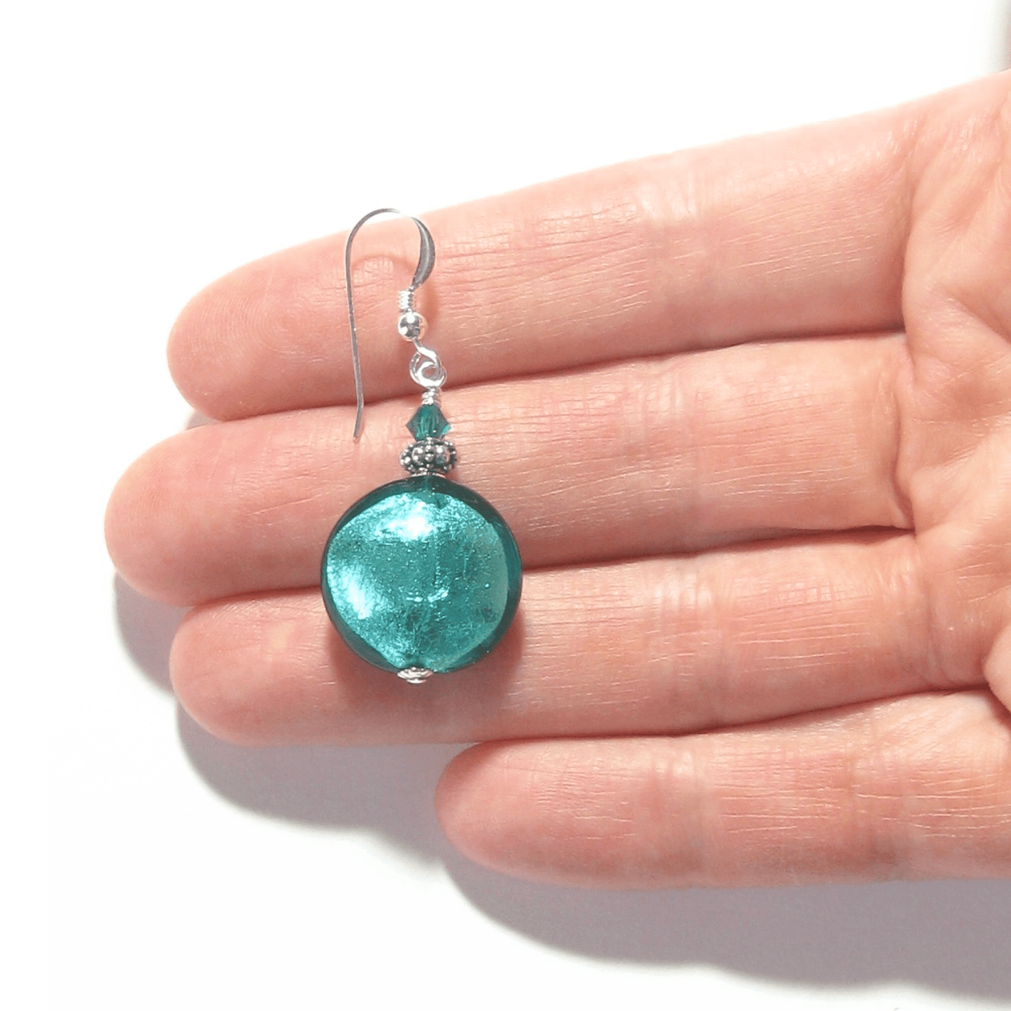 Murano Glass Large Sea Green Disc Silver Earrings - JKC Murano