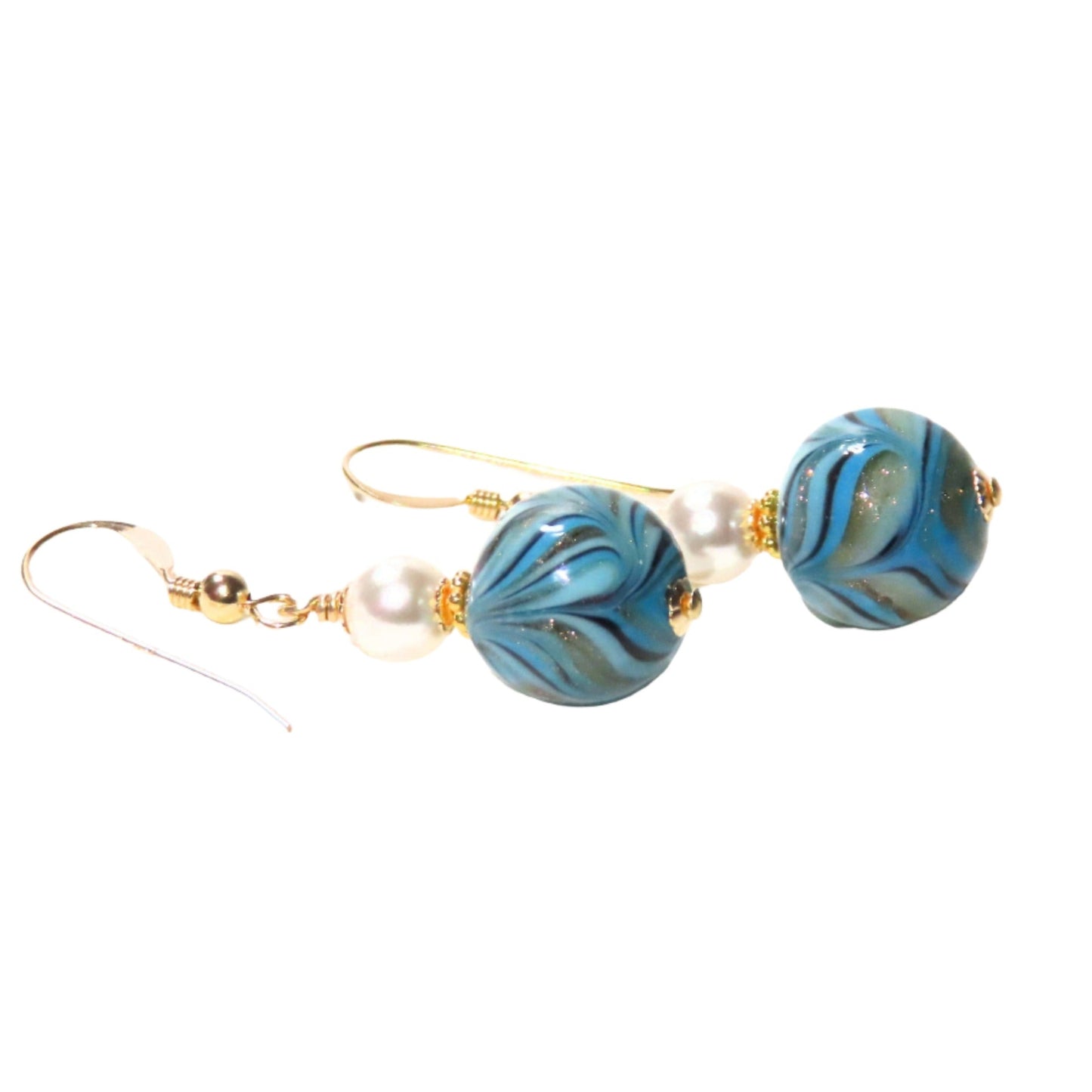 A pair of Murano glass turquoise dangle earrings with gold-filled wire and bead caps.