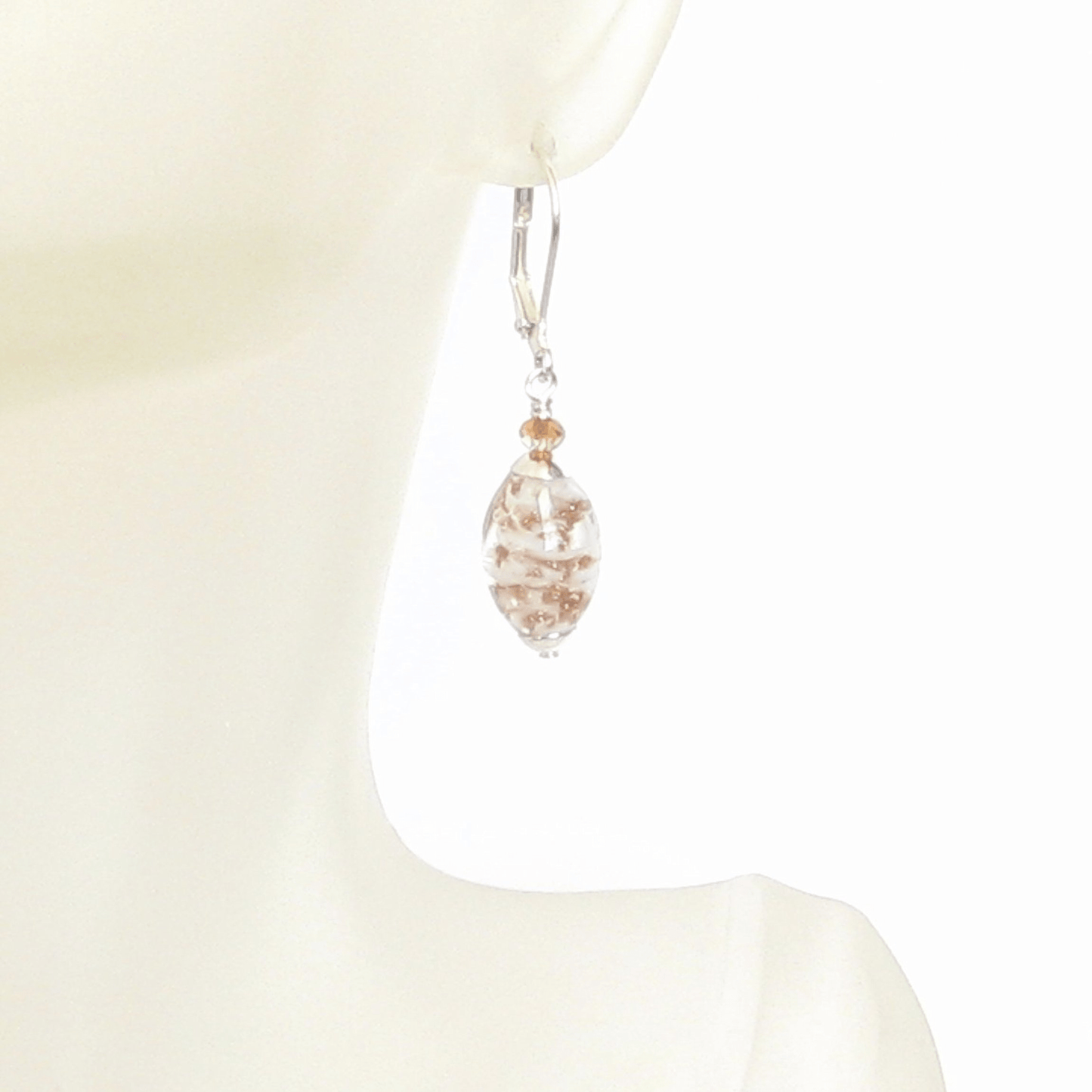 Murano Glass White Copper Oval Silver Earrings - JKC Murano
