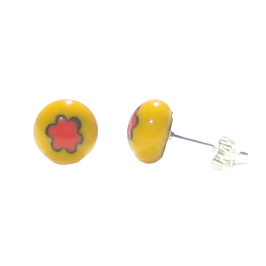 Murano Millefiori Yellow Red Flower Sterling Silver Post Earrings, Studs - JKC Murano
