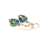 Murano Glass Aqua Green Dot Heart Gold Earrings