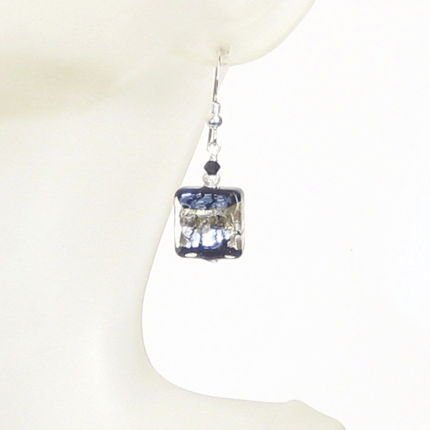 Murano Glass Black Gold Stripe Square Dangle Silver Earrings by JKC Murano - JKC Murano