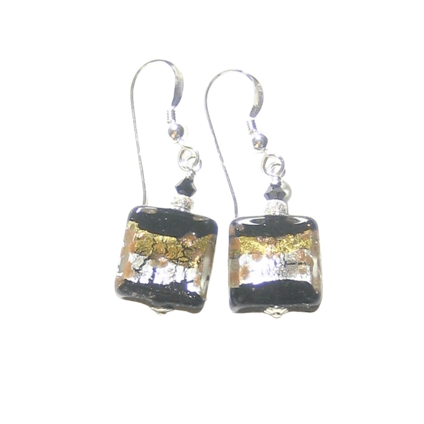 Murano Glass Black Gold Stripe Square Dangle Silver Earrings by JKC Murano - JKC Murano