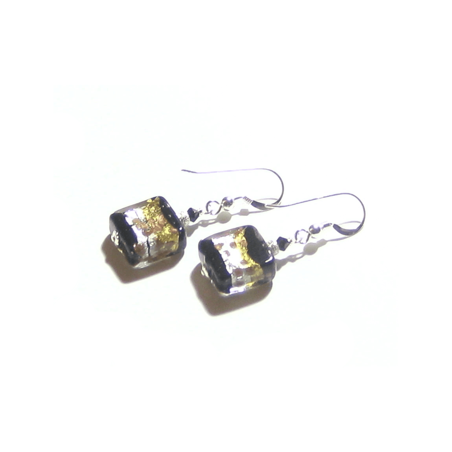 Murano Glass Black Gold Stripe Square Dangle Silver Earrings by JKC Murano - JKC Murano