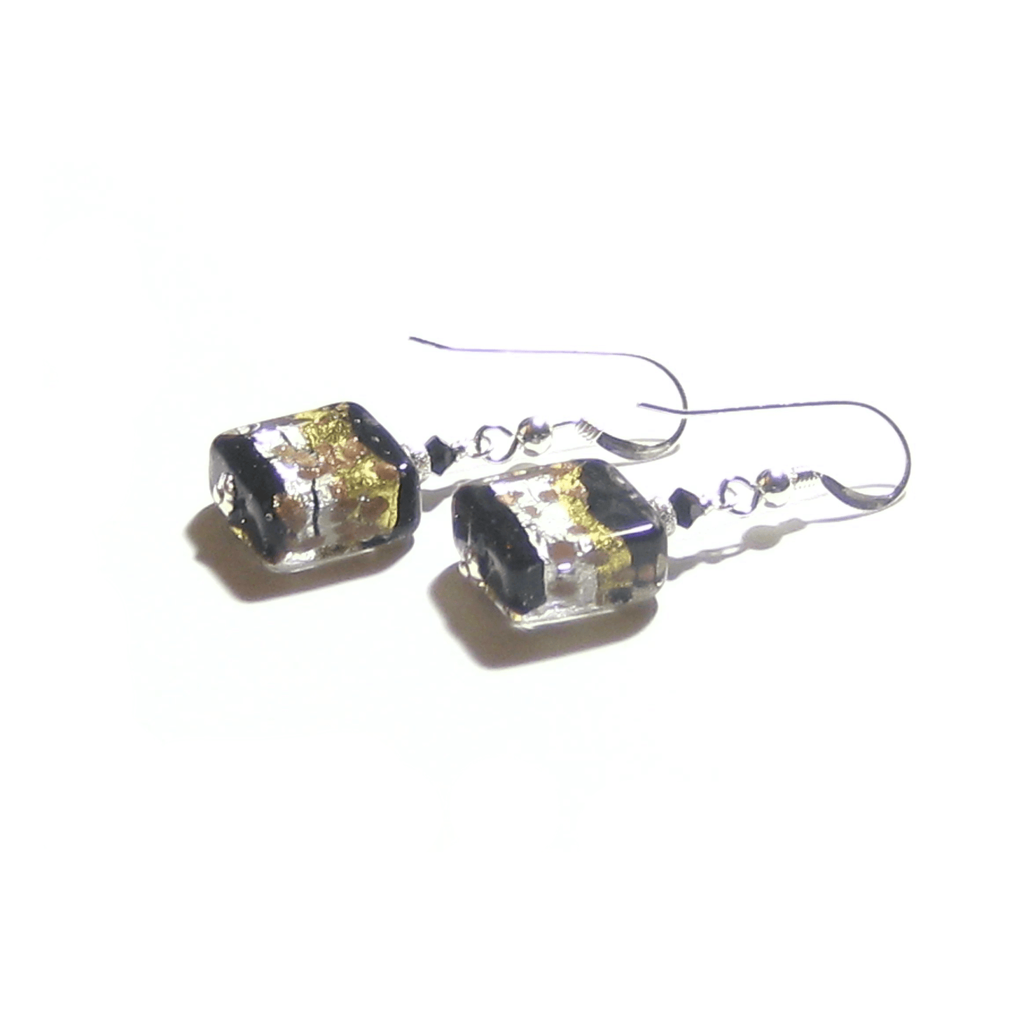 Murano Glass Black Gold Stripe Square Dangle Silver Earrings by JKC Murano - JKC Murano