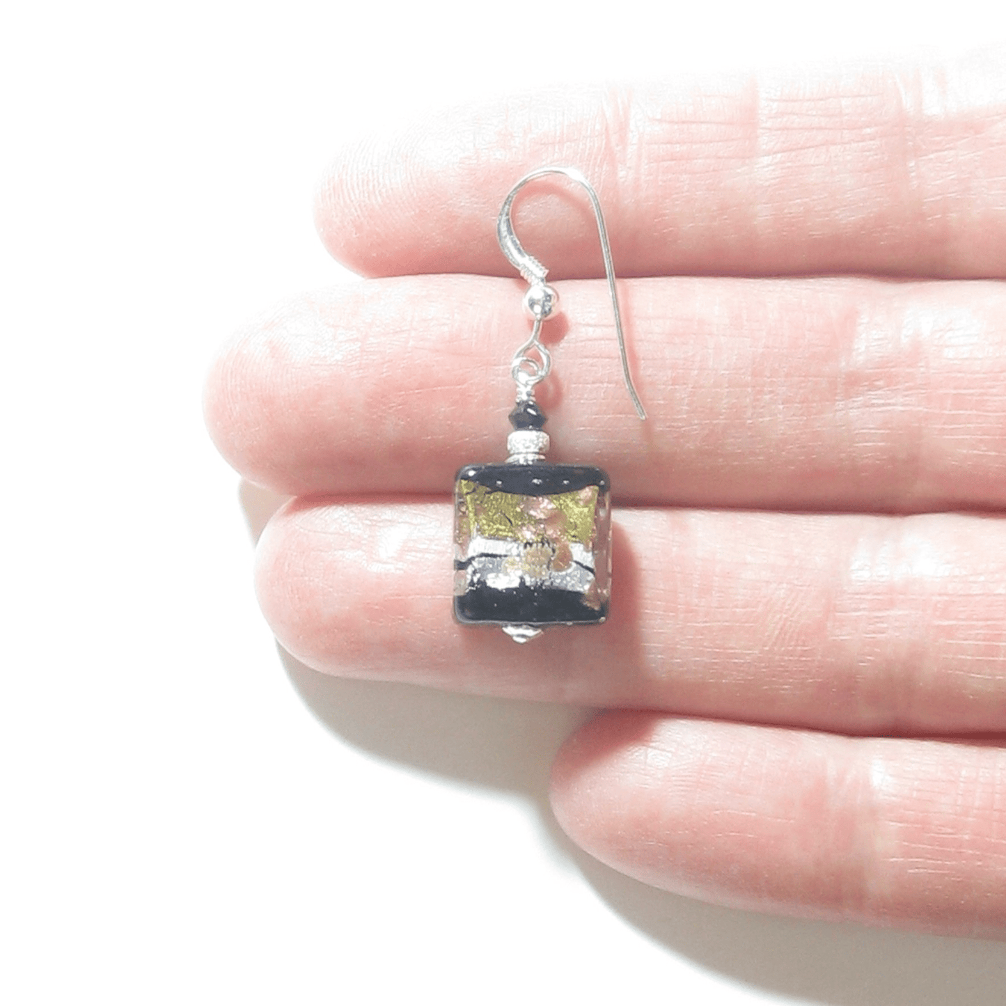 Murano Glass Black Gold Stripe Square Dangle Silver Earrings by JKC Murano - JKC Murano