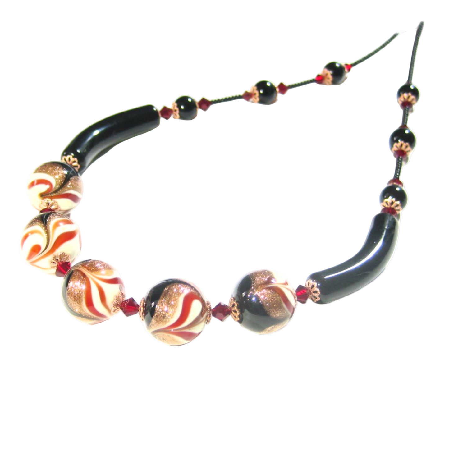 Murano Glass Red Black Swirl Silver Necklace - JKC Murano