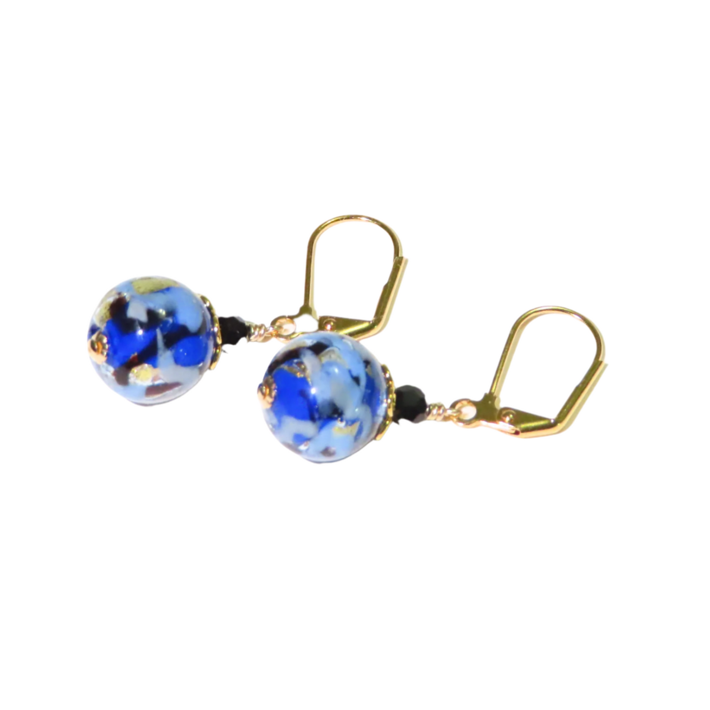 a pair of earrings with blue glass beads