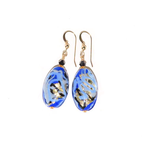 Murano glass blue gold oval long earrings