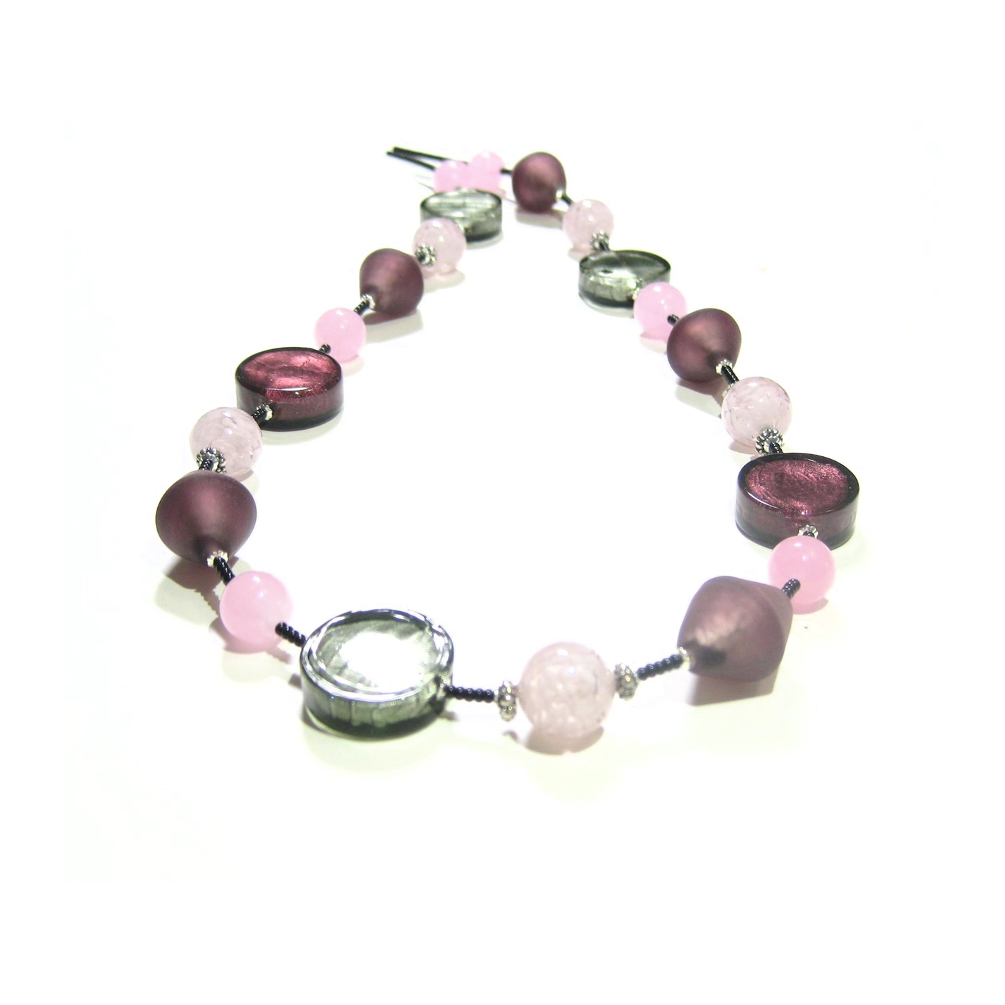 Murano Glass Purple Pink Gray Long Silver Necklace - JKC Murano