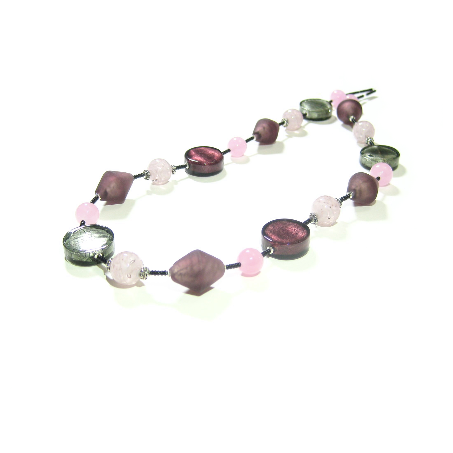 Murano Glass Purple Pink Gray Long Silver Necklace - JKC Murano