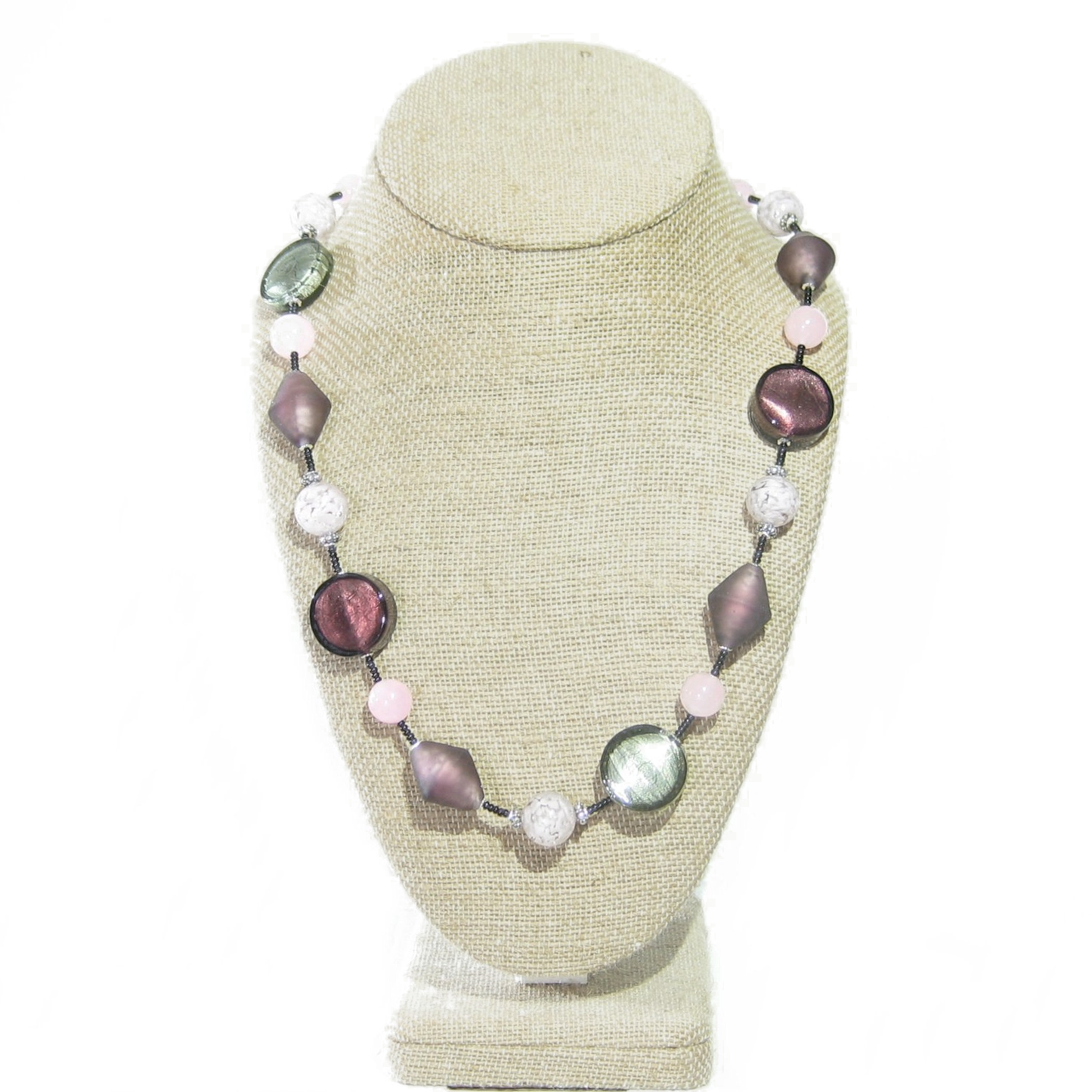 Murano Glass Purple Pink Gray Long Silver Necklace - JKC Murano