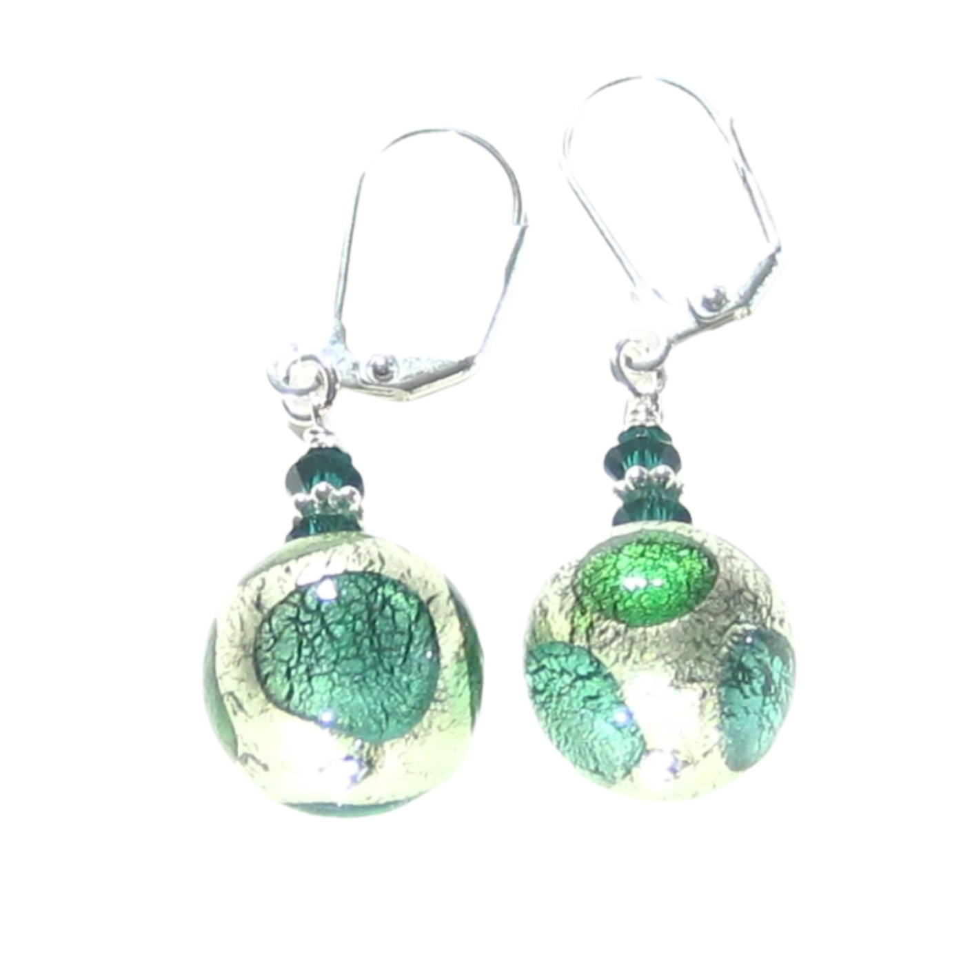 Murano Glass Green Dot Ball Silver Earrings - JKC Murano