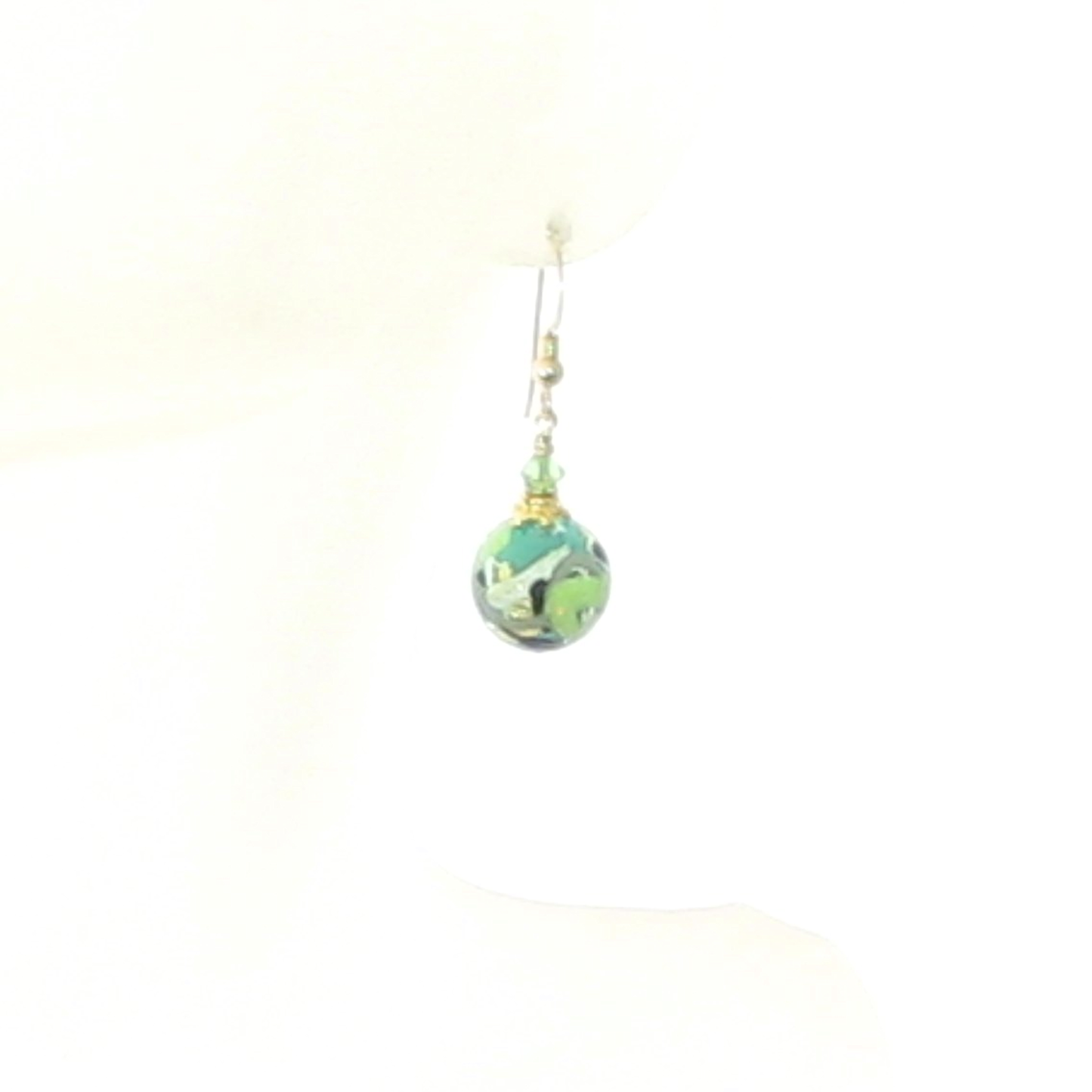 Murano Glass Green Black Gray Abstract Ball Gold Earrings
