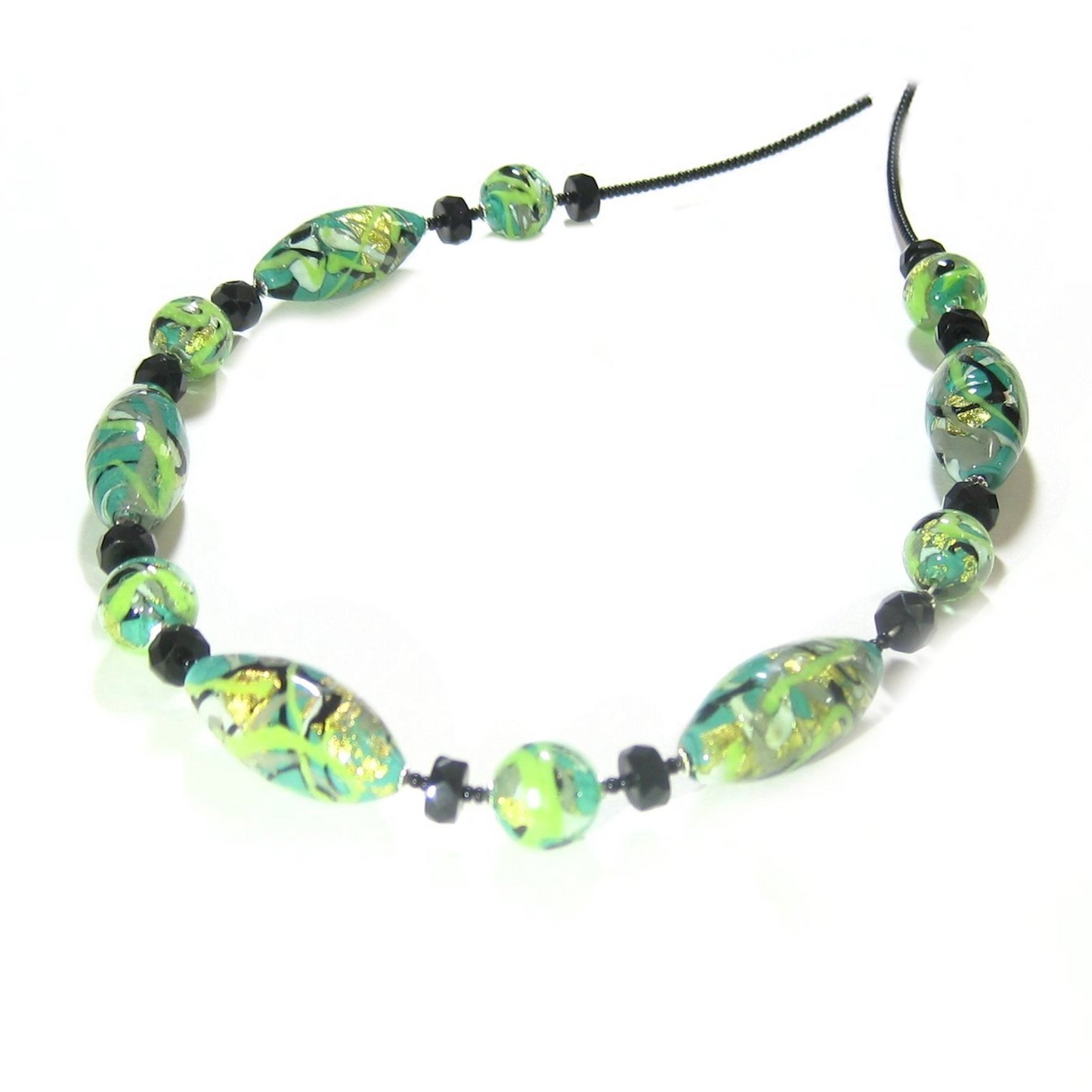 Murano Glass Green Gray Abstract Oval Silver Necklace - JKC Murano