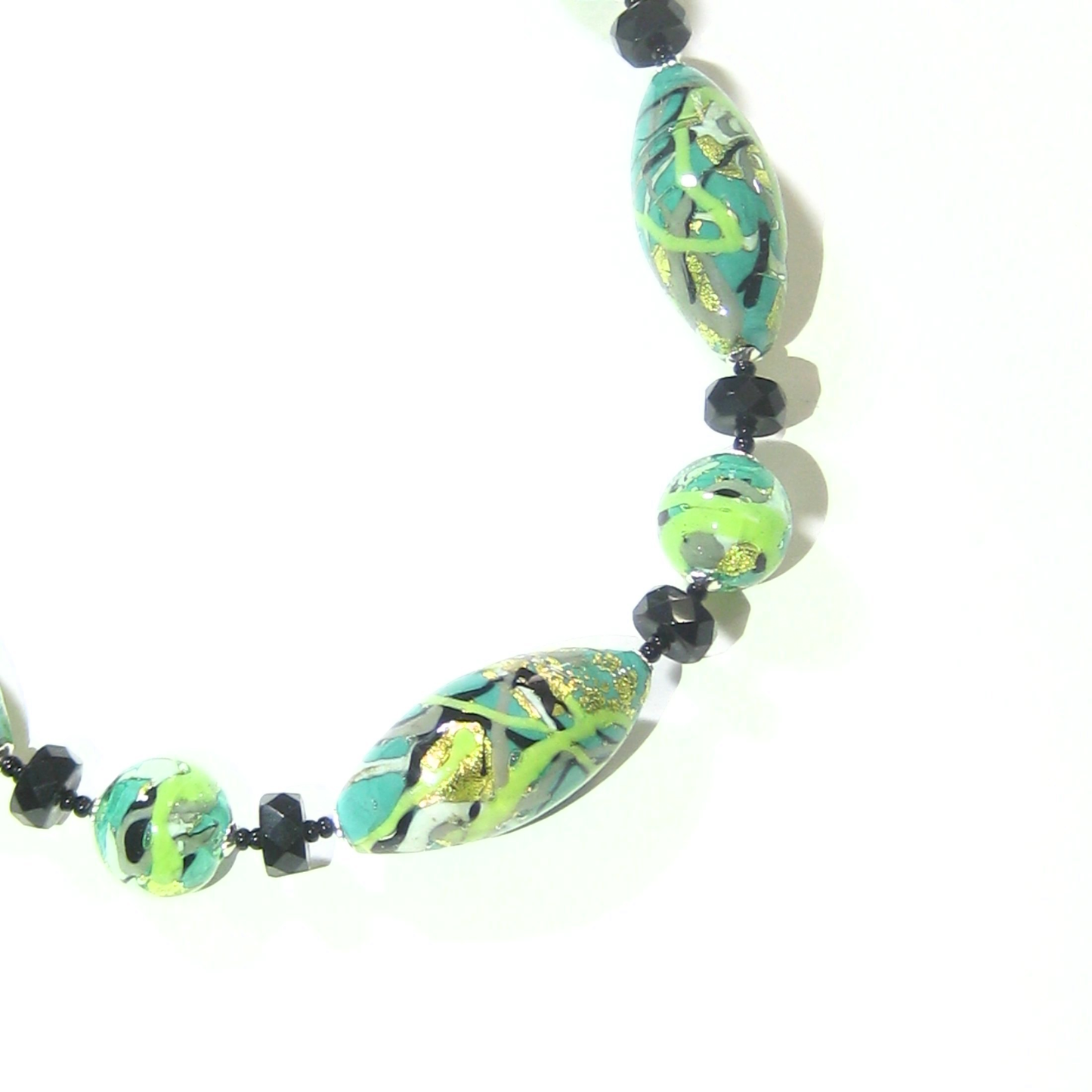 Murano Glass Green Gray Abstract Oval Silver Necklace - JKC Murano