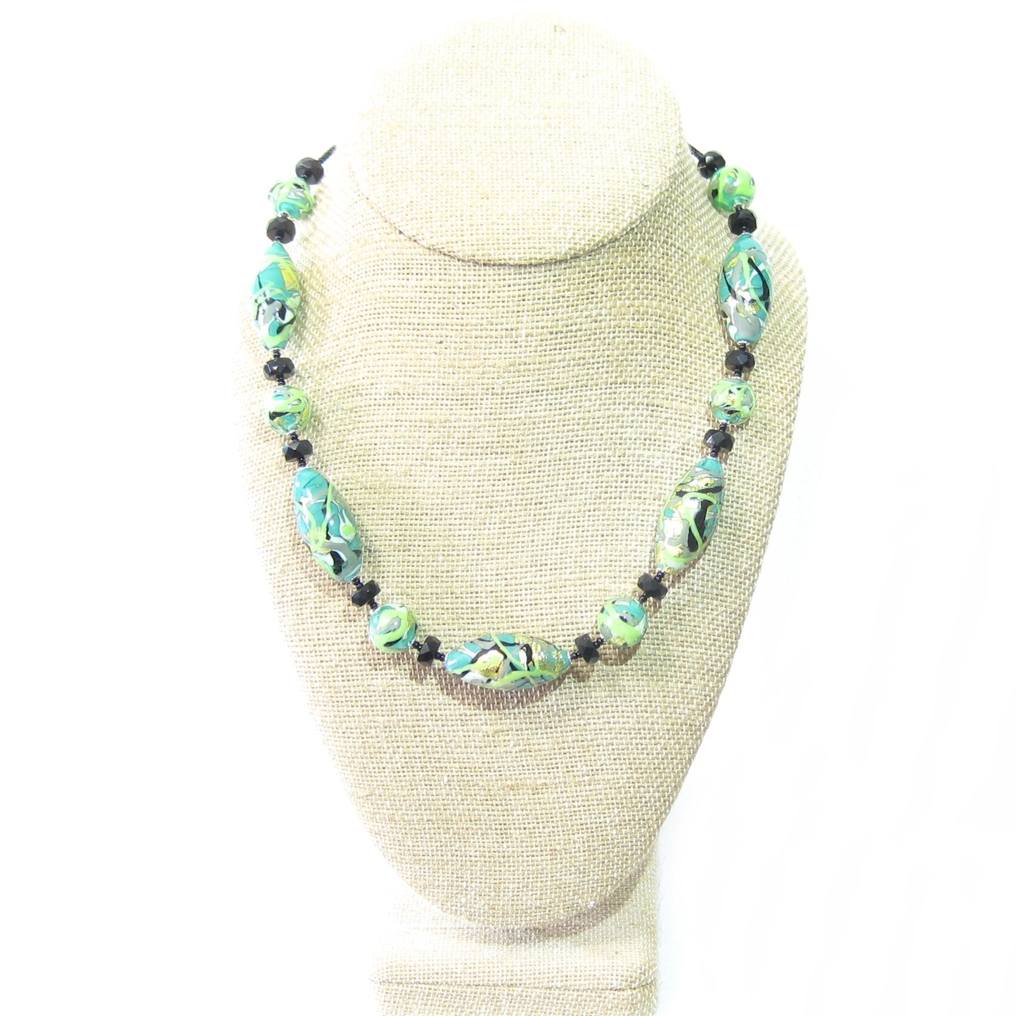Murano Glass Green Gray Abstract Oval Silver Necklace - JKC Murano