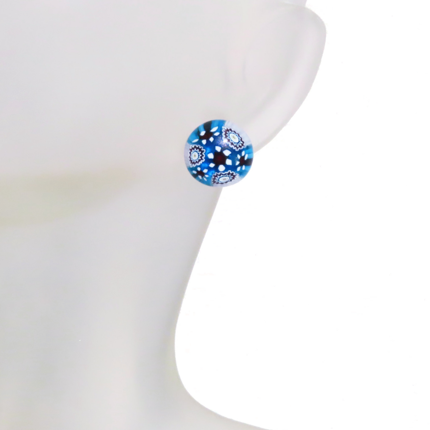 Murano Glass Large Aqua Black Millefiori Post Earrings, Studs