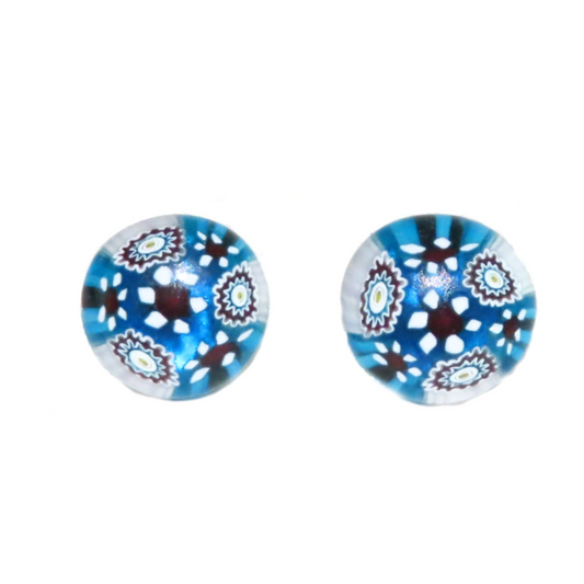 Murano Glass Large Aqua Black Millefiori Post Earrings, Studs