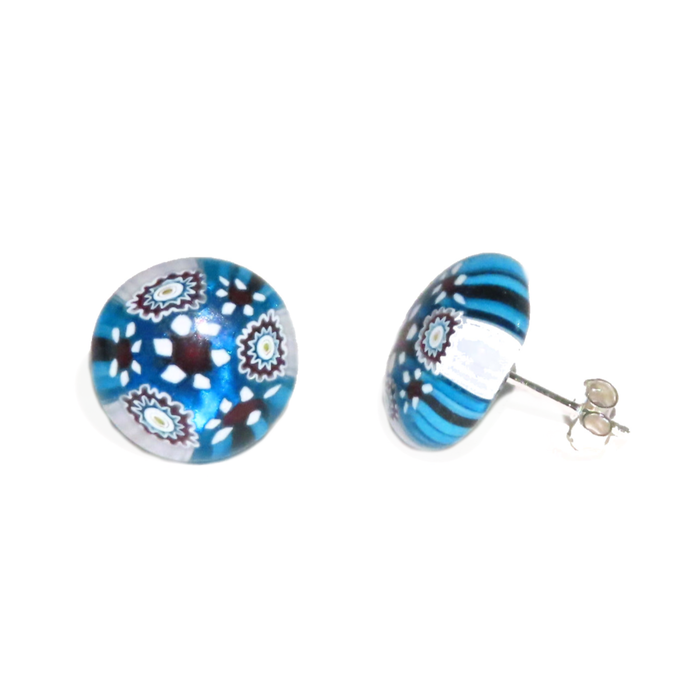 Murano Glass Large Aqua Black Millefiori Post Earrings, Studs