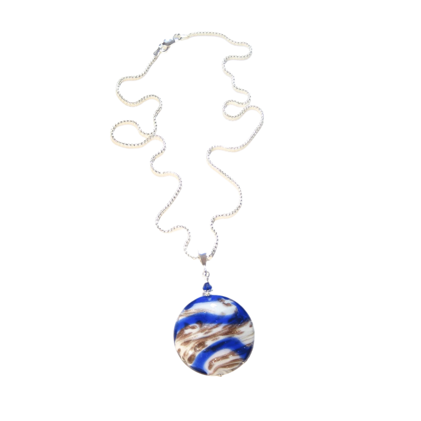 Murano Glass Cobalt Blue White Copper Disc Pendant - JKC Murano