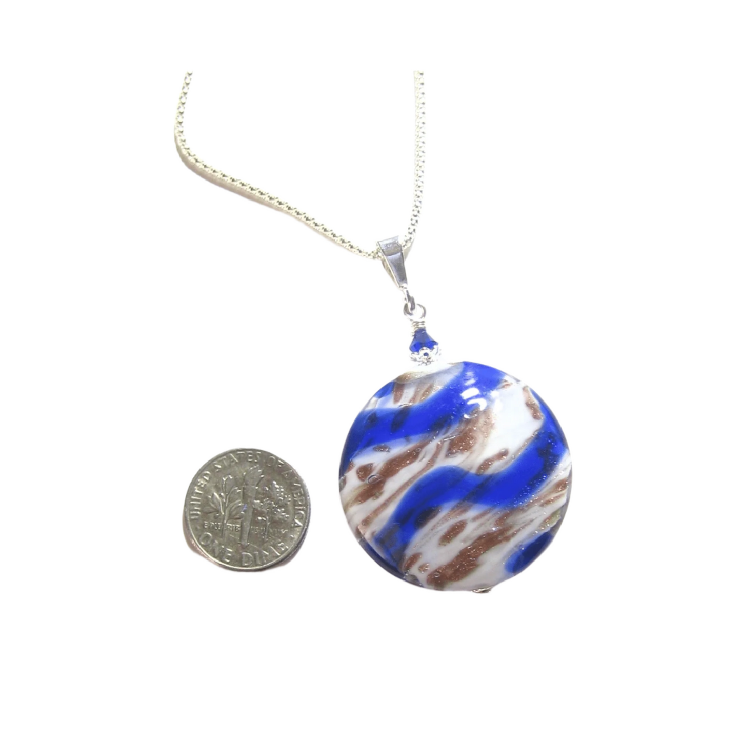 Murano Glass Cobalt Blue White Copper Disc Pendant - JKC Murano