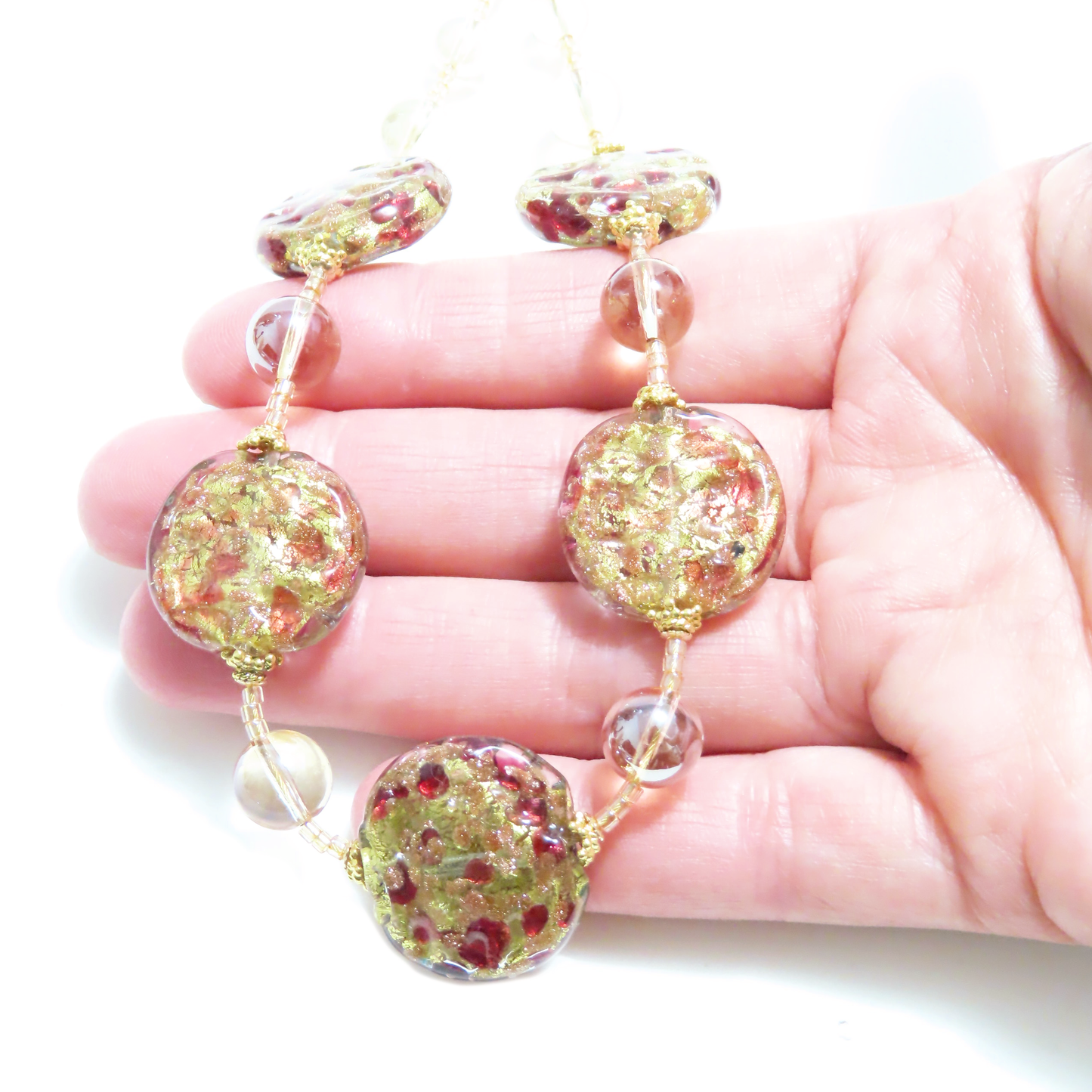 Murano Pink Sparkle Disc Gold Necklace