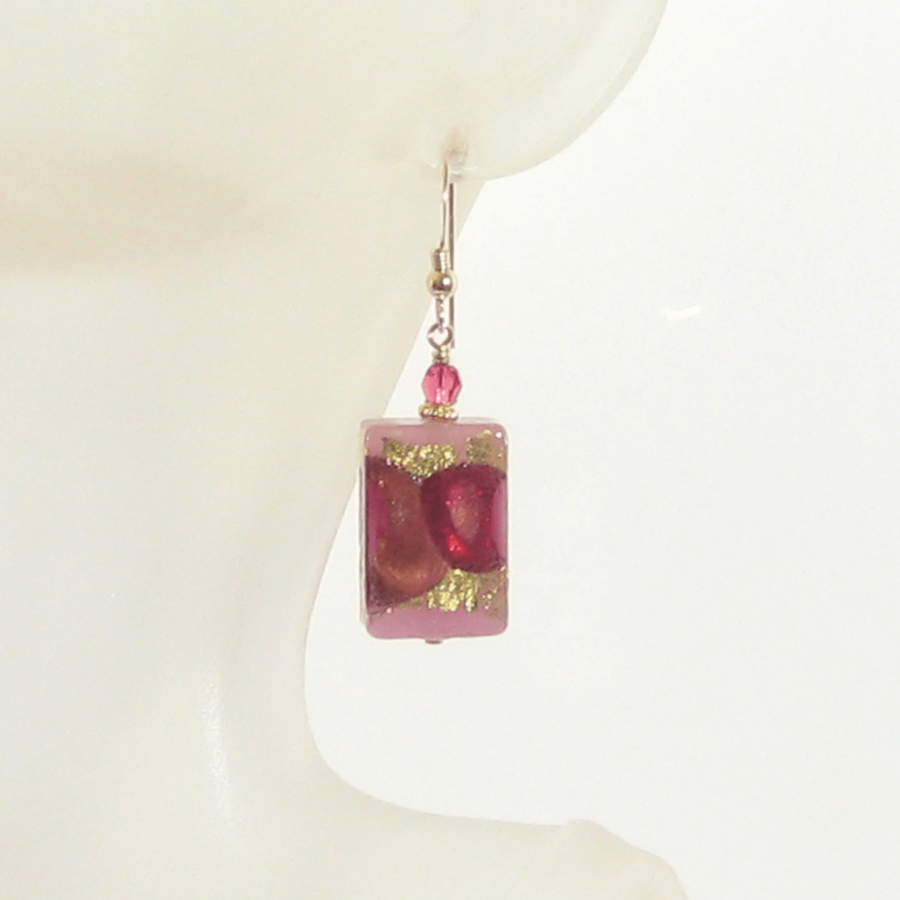 Murano Glass Pink Purple Rectangle Gold Earrings - JKC Murano