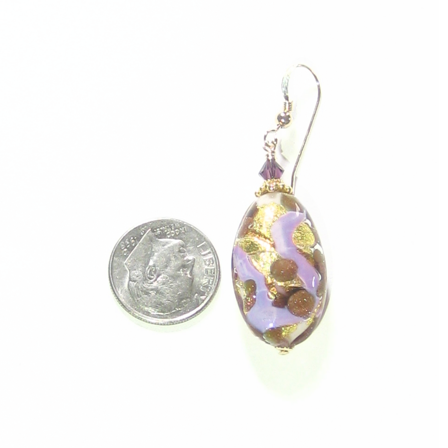 Murano Glass Purple Gold Copper Oval Dangle Gold Earrings - JKC Murano