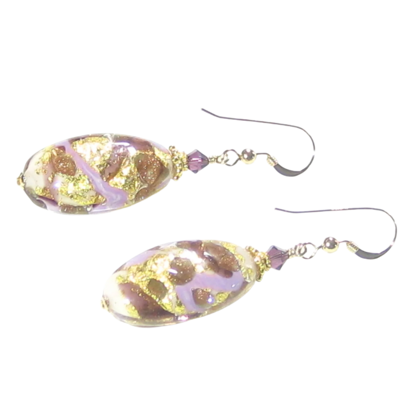 Murano Glass Purple Gold Copper Oval Dangle Gold Earrings - JKC Murano